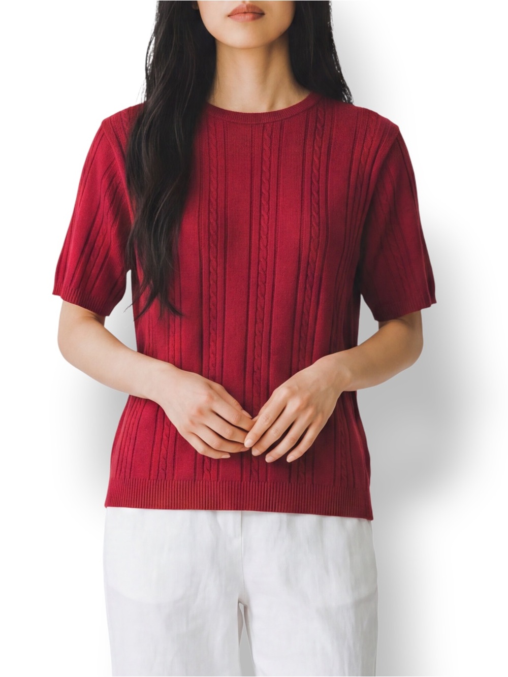 4/$20 Vintage Alfred Dunner Petite Red Cable Knit Short Sleeve Sweater PL